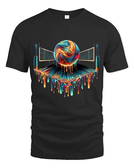 Colorful Volleyball Art Tshirt With Melting Paint Court Energy - black t-shirt on white background