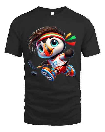 Cute Hockey Penguin Graphic Tshirt With Fun Sports Cartoon Style - black t-shirt on white background