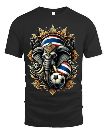 Thailand Elephant Soccer Graphic Tshirt With Royal Power Art Style - black t-shirt on white background