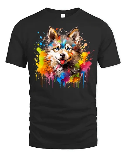 Colorful Wolf Art Tshirt With Paint Splash Wild Spirit Style - black t-shirt on white background
