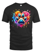 Colorful Paw Print Heart Graphic Tshirt With Artistic Pet Love - black t-shirt on white background