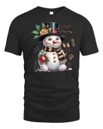 Cute Snowman Winter Holiday Tshirt With Cozy Scarf And Sweet Smile - black t-shirt on white background
