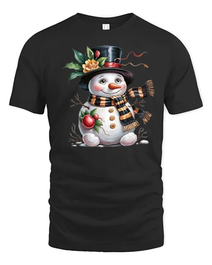 Cute Snowman Winter Holiday Tshirt With Cozy Scarf And Sweet Smile - black t-shirt on white background