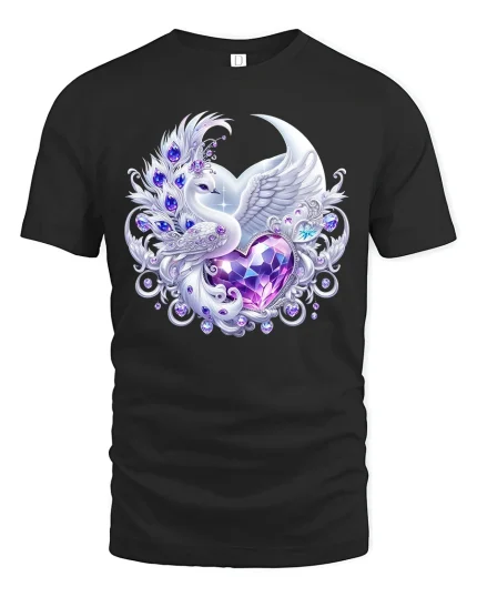 Elegant Swan Heart Crystal Art Tshirt With Magical Fantasy Vibes - black t-shirt on white background