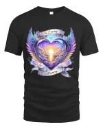 In Loving Memory Angel Wing Heart Sunset Art Tshirt Emotional Design - black t-shirt on white background