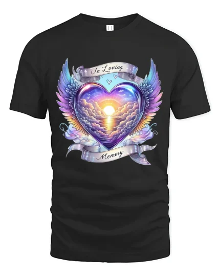 In Loving Memory Angel Wing Heart Sunset Art Tshirt Emotional Design - black t-shirt on white background