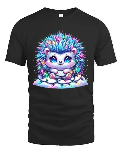 Cute Hedgehog Tshirt With Sparkly Lights Cozy Holiday Joy - black t-shirt on white background