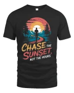 Chase The Sunset Not The Hours Inspirational Adventure Graphic Tshirt - black t-shirt on white background