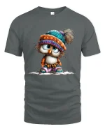 Cute Winter Owl Graphic Tshirt With Cozy Hat Adorable Style - gray t-shirt on white background