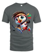 Cute Hockey Penguin Graphic Tshirt With Fun Sports Cartoon Style - gray t-shirt on white background