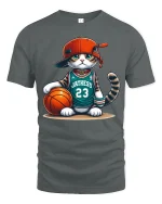 Funny Basketball Cat Graphic Tshirt With Street Style Attitude - gray t-shirt on white background