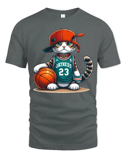 Funny Basketball Cat Graphic Tshirt With Street Style Attitude - gray t-shirt on white background