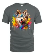 Colorful Wolf Art Tshirt With Paint Splash Wild Spirit Style - gray t-shirt on white background