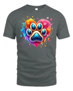 Colorful Paw Print Heart Graphic Tshirt With Artistic Pet Love - gray t-shirt on white background