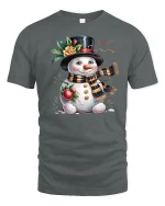 Cute Snowman Winter Holiday Tshirt With Cozy Scarf And Sweet Smile - gray t-shirt on white background