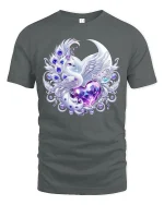 Elegant Swan Heart Crystal Art Tshirt With Magical Fantasy Vibes - gray t-shirt on white background