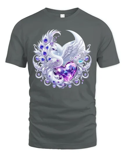 Elegant Swan Heart Crystal Art Tshirt With Magical Fantasy Vibes - gray t-shirt on white background