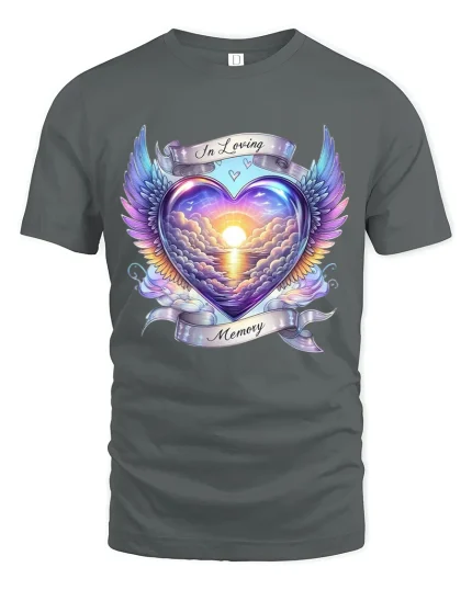 In Loving Memory Angel Wing Heart Sunset Art Tshirt Emotional Design - gray t-shirt on white background