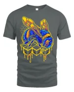 Neon Honey Bee Graphic Tshirt With Dripping Honey Street Art - gray t-shirt on white background