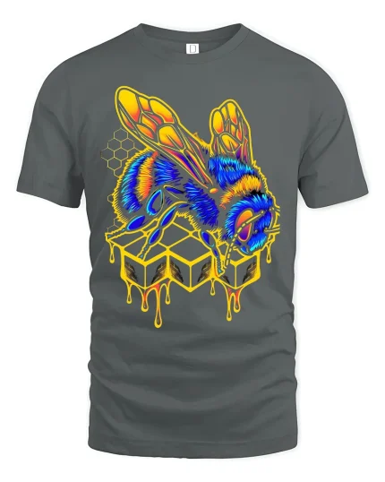 Neon Honey Bee Graphic Tshirt With Dripping Honey Street Art - gray t-shirt on white background