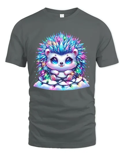 Cute Hedgehog Tshirt With Sparkly Lights Cozy Holiday Joy - gray t-shirt on white background