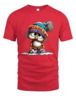 Cute Winter Owl Graphic Tshirt With Cozy Hat Adorable Style - red t-shirt on white background