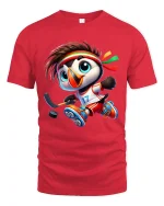 Cute Hockey Penguin Graphic Tshirt With Fun Sports Cartoon Style - red t-shirt on white background
