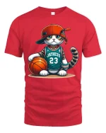 Funny Basketball Cat Graphic Tshirt With Street Style Attitude - red t-shirt on white background