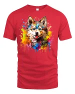 Colorful Wolf Art Tshirt With Paint Splash Wild Spirit Style - red t-shirt on white background
