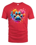 Colorful Paw Print Heart Graphic Tshirt With Artistic Pet Love - red t-shirt on white background