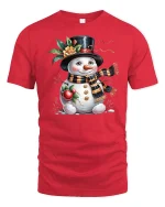 Cute Snowman Winter Holiday Tshirt With Cozy Scarf And Sweet Smile - red t-shirt on white background