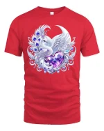 Elegant Swan Heart Crystal Art Tshirt With Magical Fantasy Vibes - red t-shirt on white background