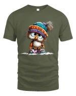 Cute Winter Owl Graphic Tshirt With Cozy Hat Adorable Style - military green t-shirt on white background