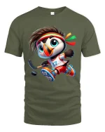 Cute Hockey Penguin Graphic Tshirt With Fun Sports Cartoon Style - military green t-shirt on white background