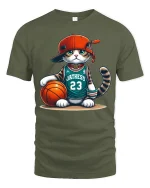 Funny Basketball Cat Graphic Tshirt With Street Style Attitude - military green t-shirt on white background