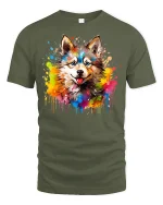 Colorful Wolf Art Tshirt With Paint Splash Wild Spirit Style - military green t-shirt on white background