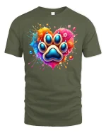 Colorful Paw Print Heart Graphic Tshirt With Artistic Pet Love - military green t-shirt on white background