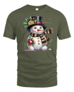 Cute Snowman Winter Holiday Tshirt With Cozy Scarf And Sweet Smile - military green t-shirt on white background