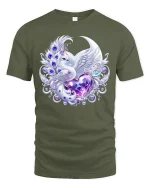 Elegant Swan Heart Crystal Art Tshirt With Magical Fantasy Vibes - military green t-shirt on white background