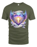 In Loving Memory Angel Wing Heart Sunset Art Tshirt Emotional Design - military green t-shirt on white background