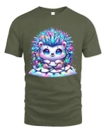 Cute Hedgehog Tshirt With Sparkly Lights Cozy Holiday Joy - military green t-shirt on white background