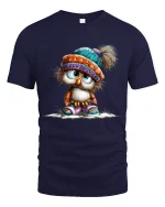 Cute Winter Owl Graphic Tshirt With Cozy Hat Adorable Style - navy t-shirt on white background