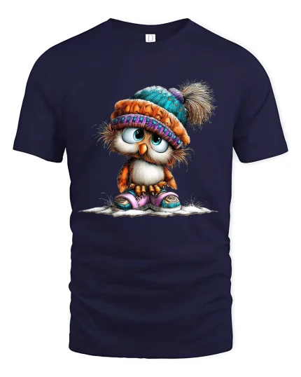 Cute Winter Owl Graphic Tshirt With Cozy Hat Adorable Style - navy t-shirt on white background