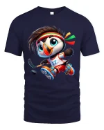 Cute Hockey Penguin Graphic Tshirt With Fun Sports Cartoon Style - navy t-shirt on white background