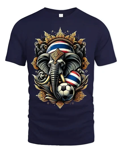 Thailand Elephant Soccer Graphic Tshirt With Royal Power Art Style - navy t-shirt on white background