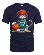 Funny Basketball Cat Graphic Tshirt With Street Style Attitude - navy t-shirt on white background