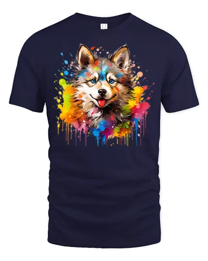 Colorful Wolf Art Tshirt With Paint Splash Wild Spirit Style - navy t-shirt on white background