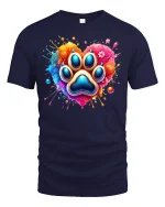 Colorful Paw Print Heart Graphic Tshirt With Artistic Pet Love - navy t-shirt on white background