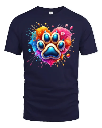 Colorful Paw Print Heart Graphic Tshirt With Artistic Pet Love - navy t-shirt on white background