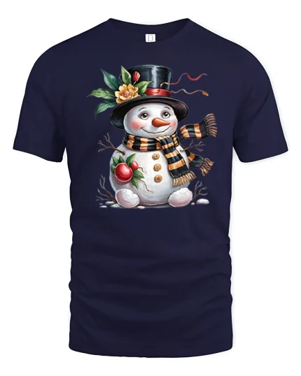 Cute Snowman Winter Holiday Tshirt With Cozy Scarf And Sweet Smile - navy t-shirt on white background